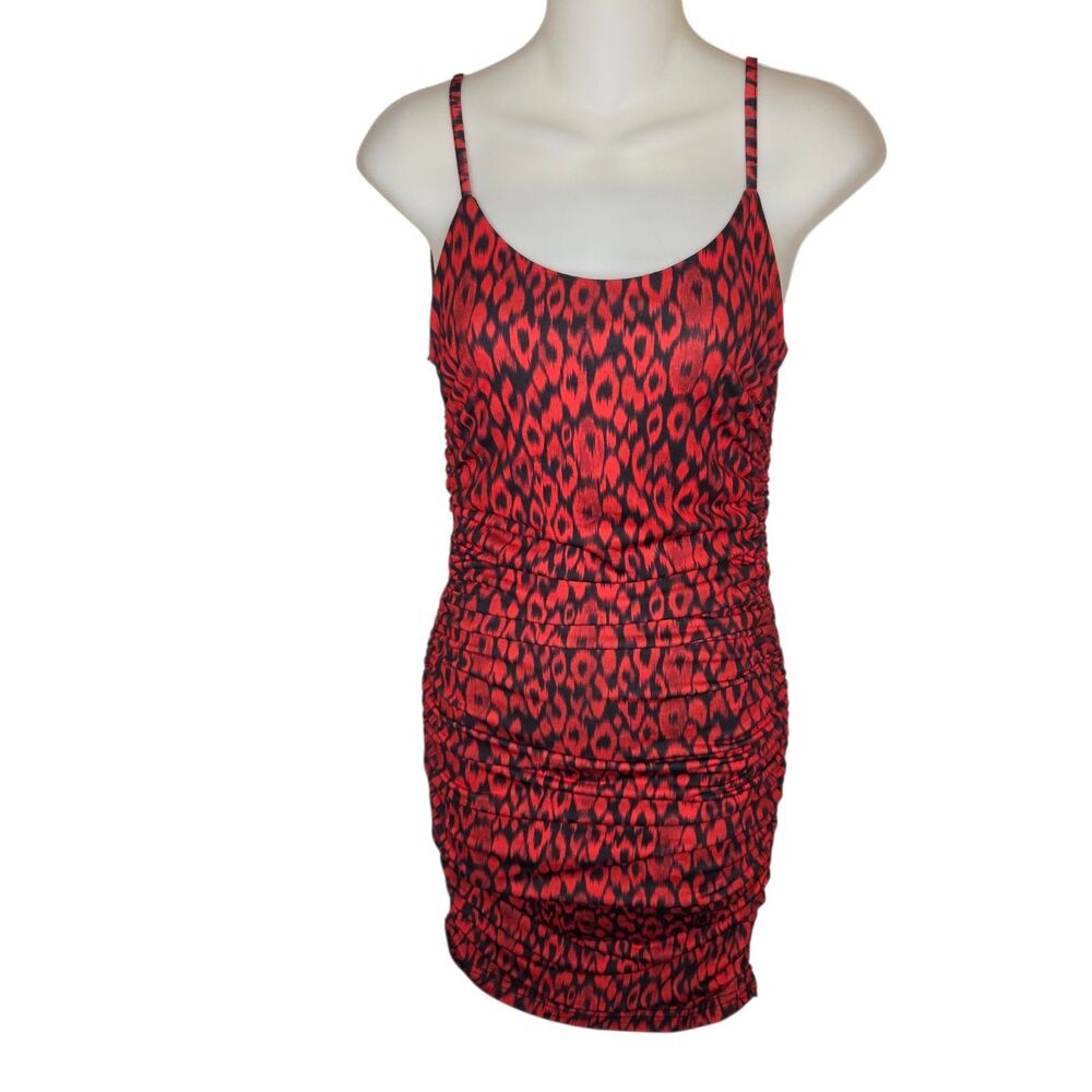 Tiger Mist XXS Red Leopard Print Backless Ruched Bodycon Mini Dress